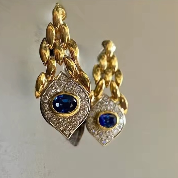 Anthropologie Jewelry - Vintage Royal Blue Sapphire Drop Gold Earrings